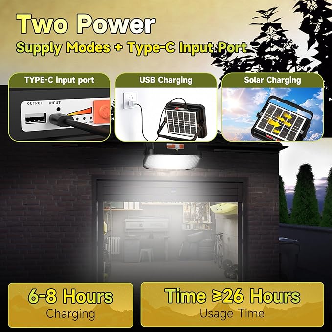 300W LED Solar Work Light, Sinear 26000LM Magnetic Portable Light, 26000mAh Rechargeable with 5 Modes, IP66 Waterproof for Outdoor Camping, Car Repair, Building, Workshop, Garage, Emergency