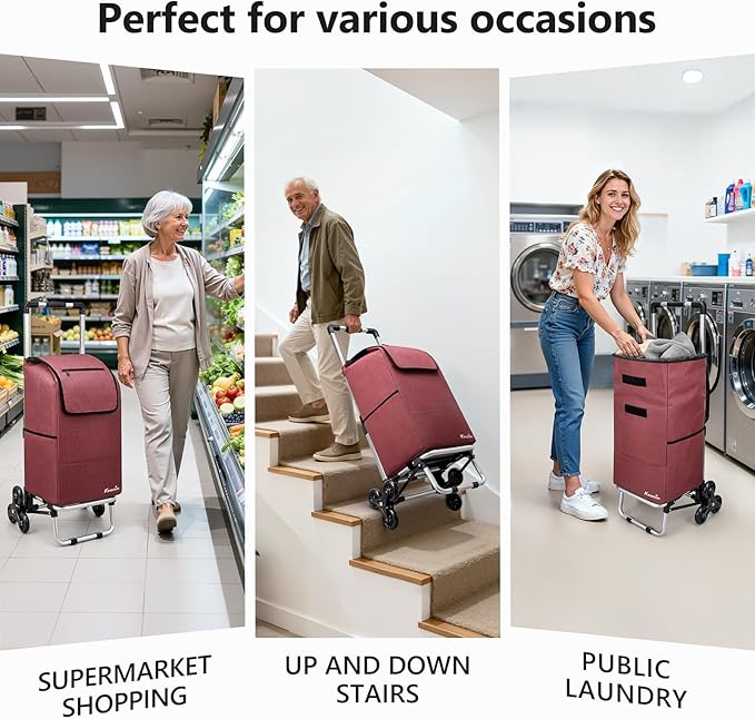 KEDSUM 2 in 1 Aluminum Alloy Stair Climbing Cart, 300LBS Grocery Cart on Wheels, Foldable Shopping Carts with Waterproof Oxford Red Bag for Groceries, Lightweight & Durable Aluminum Frame