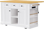 Rolling Kitchen Island with Drop Leaf & Power Outlet, Large Kitchen Islands Cart on Wheels, Movable Kitchen Island with 5 Open Storage Shelves & Towel Rack for Kitchen, Dining Room, 53-Inch, White