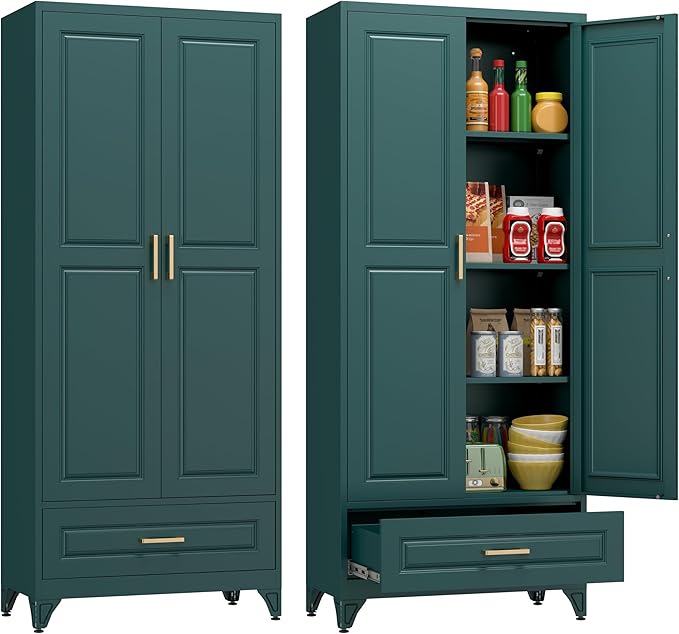 Metal Storage Cabinet,75" Tall Kitchen Pantry Storage Cabinet with Doors and Adjustable Shelves, Green Metal Pantry Cabinets with Drawer, Large Cupboard for Kitchen, Dining Living Room