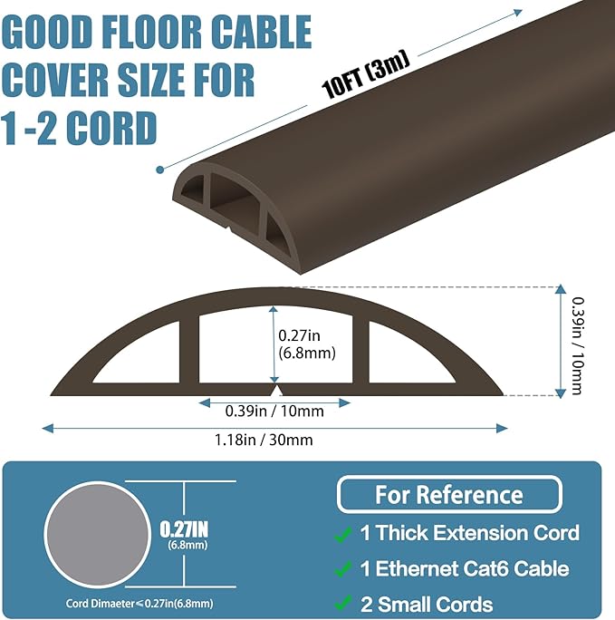 Floor Cord Covers for Wires 10FT Cable Hider Wire Cover Self Adhesive Cord Hider Floor for Offices, Homes, Workshops, Warehouses Cable Cavity 0.39" W x 0.27" H