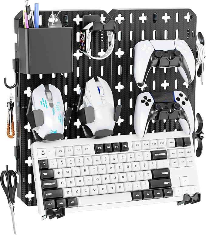 KDD Pegboard Combination Kit, Wall Mount Organization Peg Board with Mouse & Keyboard Holder, Pen Holder, Hooks, Headset & Controller Stand - Modular Hanging Organizer Accessories