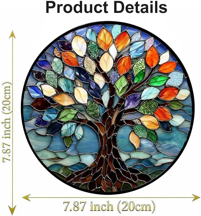 Stained Glass Window Hanging, Tree of Life Sun Catcher Glass Panel with Metal Chain, 7.88’’ Indoor/Outdoor Art Decor for Home Garden, Birthday, Christmas
