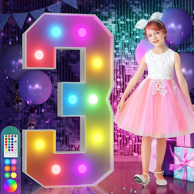 imprsv 4FT Colorful Marquee Numbers,18 Colors with Remote, Light Up Numbers 3 for 3rd 30th Birthday Decorations Anniversary Party Decor, Pre-Cut Foam Board Kit, Mosaic Sign for Balloon