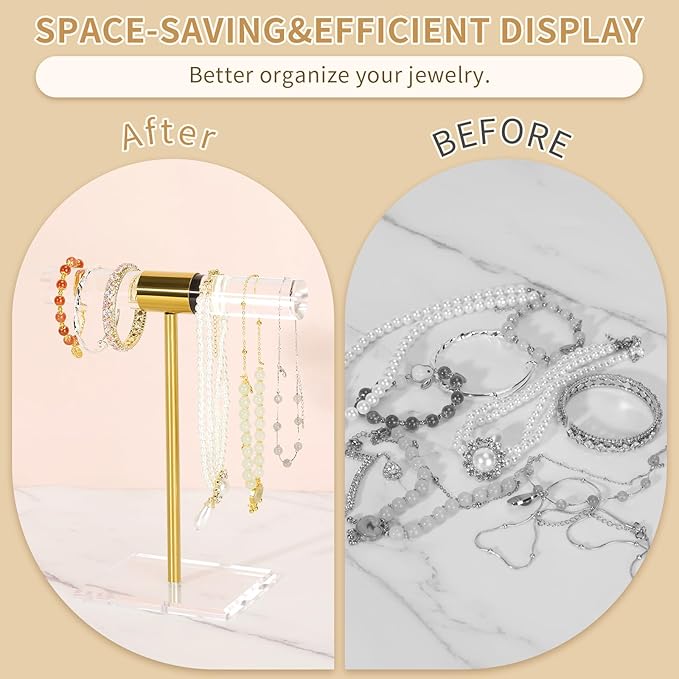 Necklace Holder Bracelet Holder, Gold Acrylic Jewelry Display Stand Crystal T Bar Jewelry Organizer Gift for Women(1-Tier 1pc)