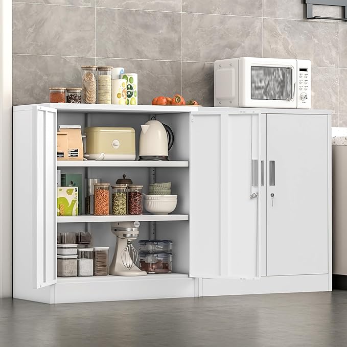 Metal Storage Cabinet, 36" H Locking Storage Cabinet with 2 Adjustable Shelves for Garage, Home, Office, Utility Room-White