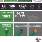 Weatherproof Green Extension Cord 15 ft, 2 Pack, 16/3 SJTW Water Resistant Outdoor Extension Cord 15 Foot 3 Prong, 13 AMP Electric Cable for Outside, Outdoor Lights & Landscaping