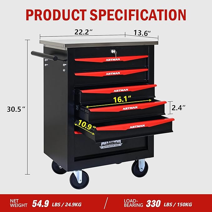 6 Drawers Tool Cart on Wheels with Stainless Steel Worktop, Heavy Duty Mobile Rolling Drawer Tool Chest with Locking Wheels & Lockable Drawers, Garage Tool Storage Cabinet (Black, 6 Drawers)