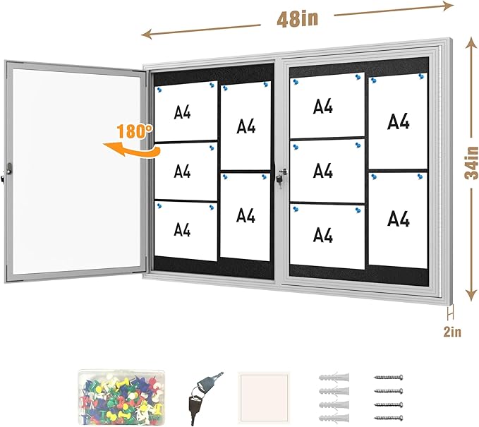 Mifuro 48"x34" Enclosed Bulletin Board, Outdoor Lockable Weather-Resistant Aluminum Cork Noticeboard for School & Office, Silver Frame w/Black Flet