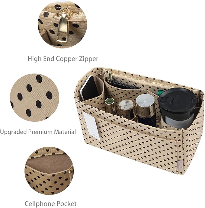 Purse Organizer Insert For Handbags, Silky Touching Bag Organizer Insert With Bottle Holder, Perfect for Speedy, Neverfull, Tote,ONTHEGO ,Artsy,Handbag and More (Slender Medium, Brown polk dots Beige)