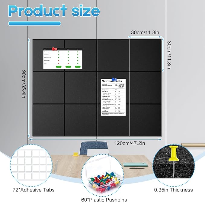 Large Cork Board for Wall 47"x 35", 12 Pack Black Bulletin Board, Felt Wall Tiles with 72 Safe Removable Adhesive Tabs, 60 Push Pins, Cork Boards for Home Office Pin Board Tack Board