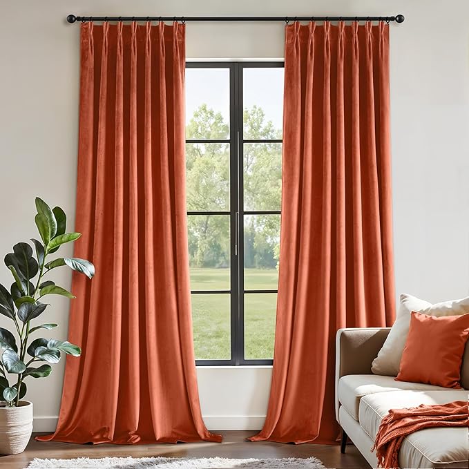 MIULEE Terracotta Velvet Curtains 84 inches Long, Pinch Pleated Blackout Fall Drapes with Hooks, Thermal Insulated Pinch Pleat Panels for Bedroom Living Room,Burnt Orange, 2 Panels