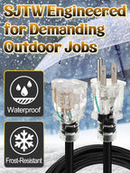 Lighted End Heavy Duty Outdoor Extension Cord Waterproof -16AWG, 3 Prong, 15A, 1875W, Flexible Black Power Extension Cord for Outsides, 25ft