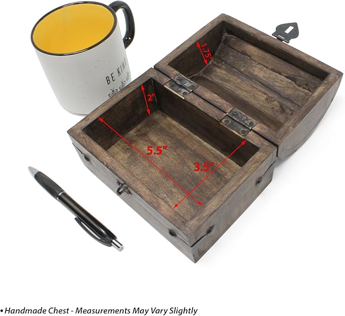 Nautical Cove Treasure Chest Keepsake and Decorative Wood Box (Medium 6.5x4.5x4.5) - Storage Box, Wooden Box with Hinged Lid, Rustic Storage, Pirate Storage Box, Vintage Wooden Chest