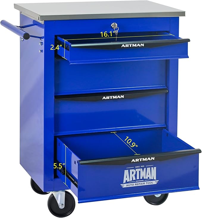 4 Drawer Rolling Tool Chest with Locker, 22.2" D Metal Movable Lockable Tool Cart Box Multi-Functional Hardware Storage Cabinet Box for Warehouse Basement Home Pantry Garage