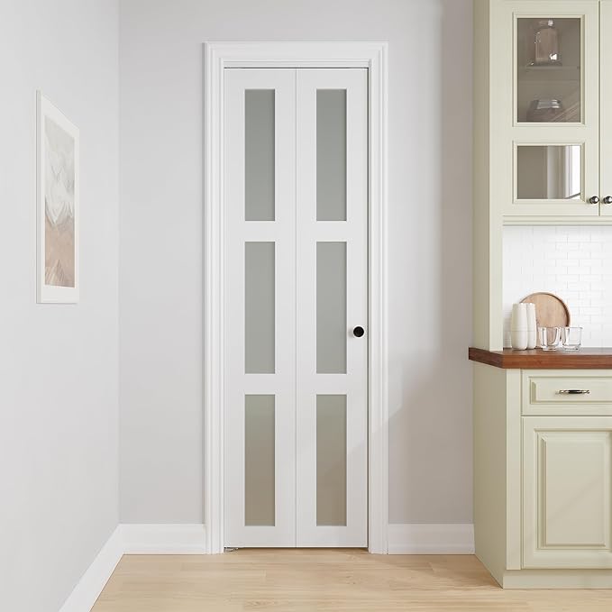 Bifold Doors for 28" x 80-3/4" Opening, 3-lite Tempered Frosted Glass Closet Folding Doors with Hardware kit Included, Easy Assembly, White