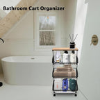Rolling Kitchen Cart with Wood Top - 4-Tier Wire Basket Organizer for Fruits, Vegetables, Pantry Storage - Stackable, Mobile Cart with Wheels for Kitchen, Home, Office