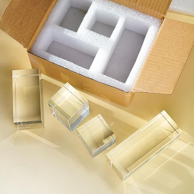 ZEERSHEE Set 4 Clear Crystal Cube Display Blocks Square Glass Display Stand for Collectibles Art Craft Transparent Solid Bases for Jewelry Cosmetic Crafts Closet Show