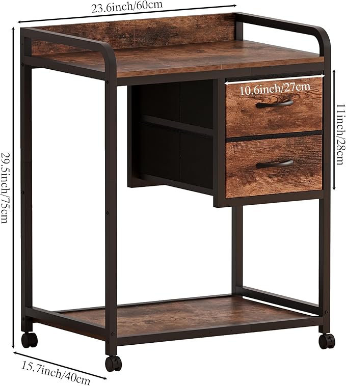 Large Printer Stand with 2 Fabric Drawers, Mobile Printer Table with Wheels and Computer Tower Slot for Home Office Storage and Organization, Rustic Brown (Rustic Brown)