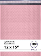 Light Pink Large Poly Bubble Mailers 12x15 inch | Self Seal Padded Envelopes Cushioned Bubble Mailer | Usable Size 12x15 | WaterProof | Lightweight mailing Shipping Bags | 100 Pack Bulk