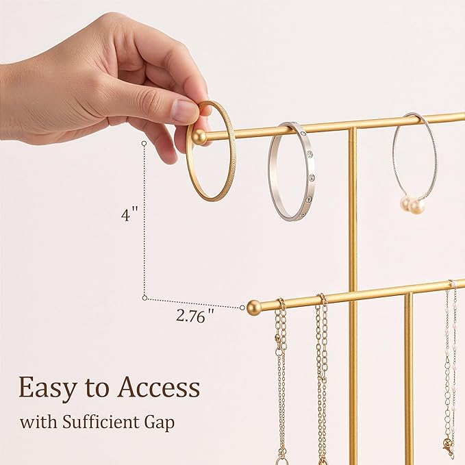 Gold Jewelry Holder Stand with Ceramic Tray: Small Hanging Necklace Organizer Tree for Earrings, Bracelets, Rings – Jewelry Display Hanger for Women & Girls, White