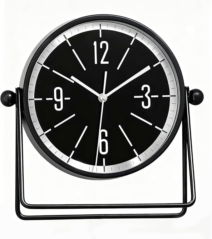 AYRELY® Vintage Black Metal Desk Clock,Battery Operated Mantel Clocks, Decorative Table Clocks with Adjustable Angle for Fireplace Farmhouse Shelf Living Room Décor (Silver-Black)