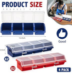 Hushee 4 Pcs Screw Organizer Box with Lid 4 Compartments Tool Bin Divider Plastic Stackable Hardware Organizer Small Part Storage Sorting Screw Box for Garage Workbench Craft Storage (Blue,Red)