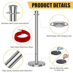 kaiyomi 8Pcs Stanchions with Red Velvet Ropes Set, 5 Feet Velvet Ropes and Posts Poles for Red Carpet Party Decoration and 360° Photo Booth (Silver)