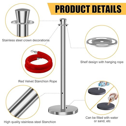 kaiyomi 6Pcs Stanchions with Red Velvet Ropes Set, 5 Feet Velvet Ropes and Posts Poles for Red Carpet Party Decoration and 360° Photo Booth (Silver)