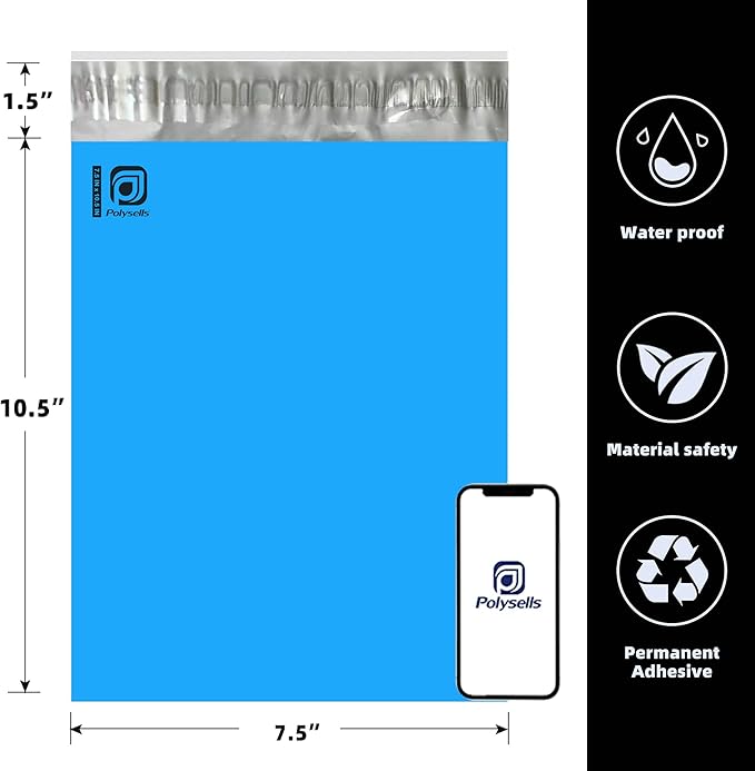 POLYSELLS 200 pcs 7.5x10.5 Inches Blue Poly Mailers Shipping Envelopes, Strong Adhesive Sealing, Waterproof, and Tear-resistant Postal Mailing Bags for Small Business, Clothes, Non-Fragile Items