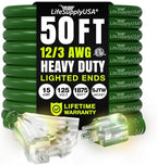50ft Outdoor/Indoor Extension Cord 3-Outlet 12/3 Gauge Extra Heavy Duty ETL Listed, 3 Prong SJTW, Waterproof, Flexible Cold-Resistant Long Power Cord,15A 125V 1875W, Green by LifeSupplyUSA