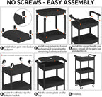 3-Tier Utility Rolling Cart with Cover Top Board, Mobile Utility Cart with Lockable Casters Multi-Functional Storage Trolley for Office, Bathroom, Kitchen, Garden, Laundry Room (Black)