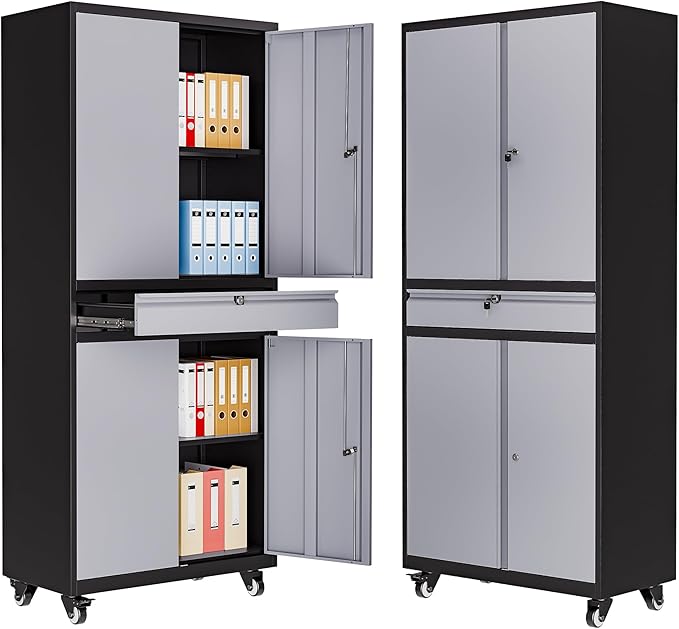 73" Metal Garage Storage Cabinet with Wheels， Rolling Tool Storage with Locking Doors， Adjustable Shelves and Drawer, Heavy Duty Steel Tool Cabinet for Garage, Warehouse, School(Black Grey)