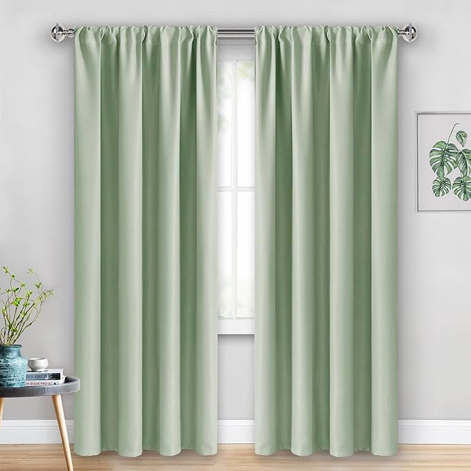 JIUZHEN Blackout Curtains for Bedroom - Thermal Insulated Room Darkening Rod Pocket Curtains for Living Room, Set of 2 Panels with Tiebacks, 42 x 84 Inch Length, Light Green