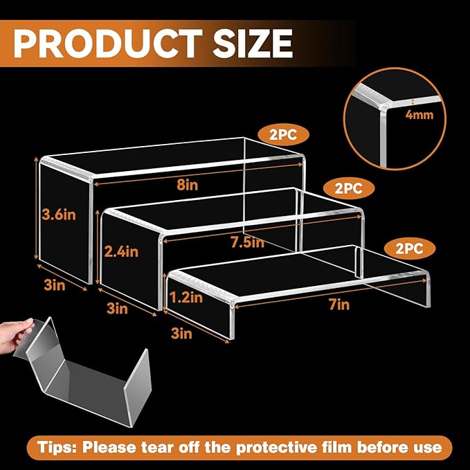 6 Pcs 2 Sets Acrylic Display Riser, 3 Sizes Large Acrylic Risers Display Stands, 0.15" Thick Clear Shelf Riser, Clear Display Risers for Dessert, Candy, Toys, Perfume, High Heels, Wallet