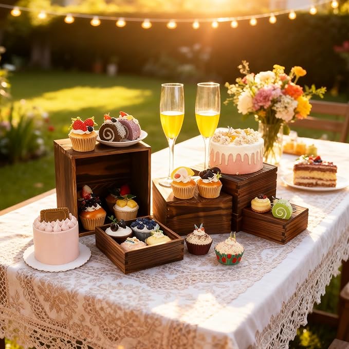 3 Pack Wood Cake Cupcake Stand Buffet Risers, Wooden Display Stand Wood Display Riser, Square Food Display Risers for Party Wedding Birthday Home (6" 7" 8")