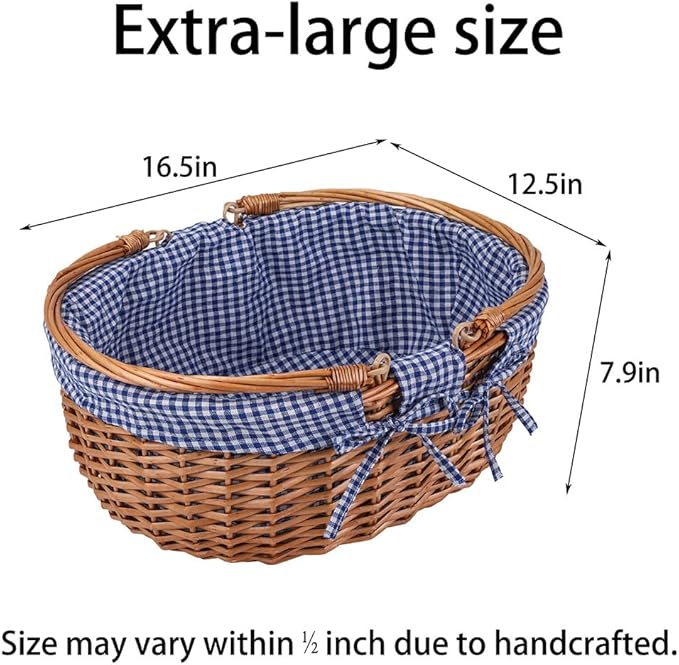 Large Wicker Picnic Basket with Handles,Handle Sturdy Woven Body with Removable and Washable Lining,Outdoor Camping,Gift Packing,Garden Picking, Storage.Blue