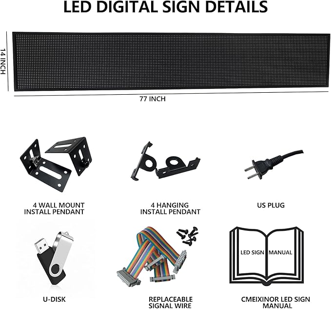 Outdoor P10 LED Scrolling Programmable Sign 77"x14", Bright High Visibility Digital Led Signage Displays, Message Signs for Business, Restaurant, Window Shop