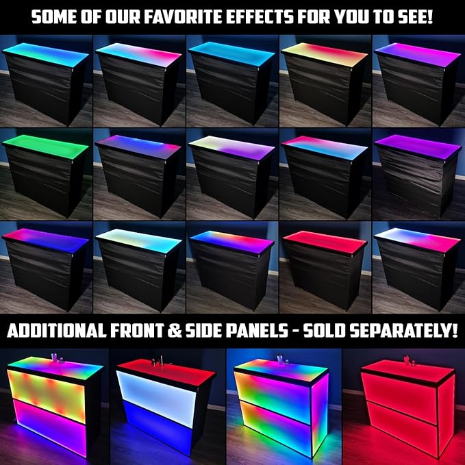 Commercial Grade Glowing Premium Portable Bar Table w/Mobile App, Wireless Remote, Bluetooth Connectivity, Folding Legs, Black Fabric Bar Skirt, 2 Storage Shelves & 2 Carrying Cases - Black Skirt