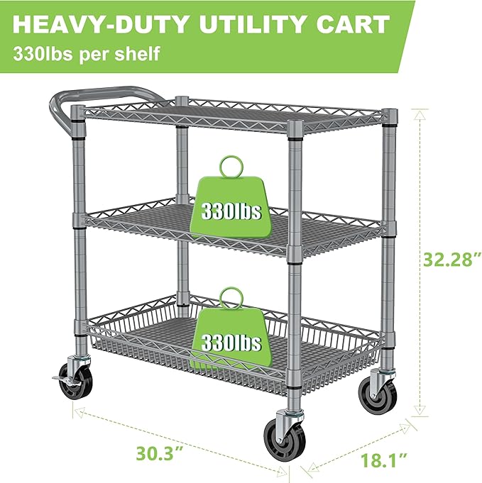 Heavy Duty Metal Carts with Wheels 1050lbs Steel Wire Rolling Utility Cart with Storage Commercial Grade Trolley with Handle Bar&Shelf Liner for Kitchen Living Room Laundry Grocery