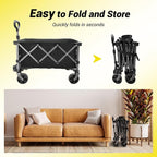 Collapsible Foldable Extended Wagon, Weight Capacity 220 LBS, Heavy Duty Large Wheeled Utility Cart, Folding Grocery Shopping Cart for Camping, Grocery, Garden - Capacity Portable Outdoor Cart