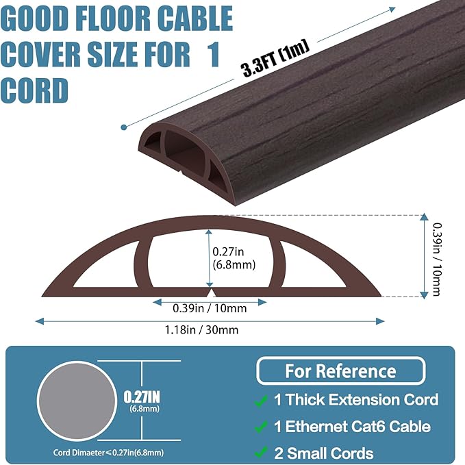Floor Cord Covers for Wires 3.3FT Cable Hider Wire Cover Self Adhesive Cord Hider Floor for Offices, Homes, Workshops, Warehouses Cable Cavity 0.39" W x 0.27" H