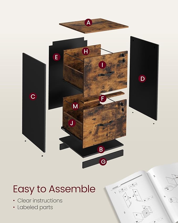 VASAGLE 2 Drawers File Cabinet with Lock, Printer Stand, Office Filing Cabinet Organizer, for A4 and Letter Size Documents, Rustic Brown and Ink Black UOFC061B01