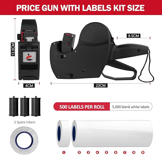 MX5500 Pricing Tag Gun with 5150 pcs Sticker Labels & Extra Inker, 8 Digits Tag Maker for Retail Shop, Grocery Store (Black)