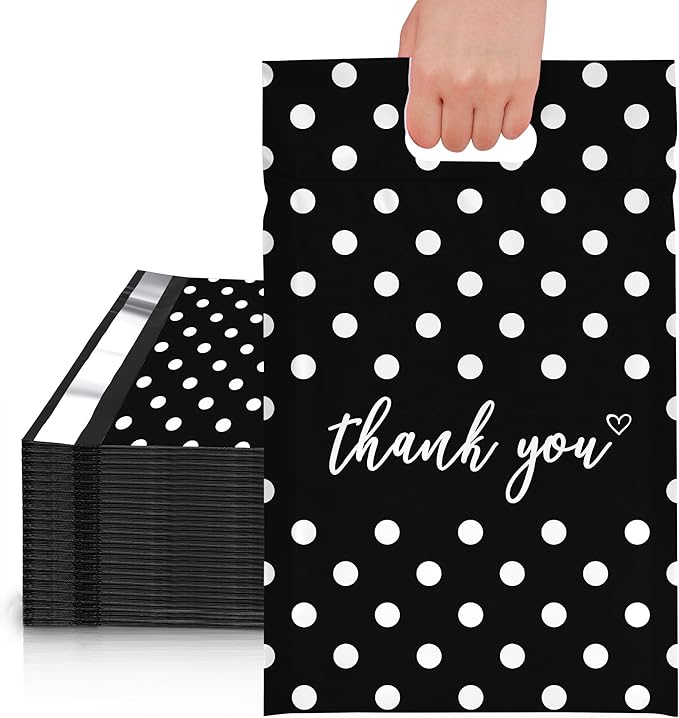 JinRuiKJ Poly Mailers with Handle 14.5x19 Inch 50 Pcs, Easy to Carry Packaging Bags for Small Business, Thank You Shipping Bags with Self Adhesive Strip, Tearproof and Waterproof - White Polka Dot