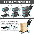Foldable Shopping Cart, 200 lbs Capacity Grocery Cart on Wheels with Two Collapsible Crate Heavy Duty Collapsible Carts with Foot Brake for Groceries, Office, Warehouse and Supermarket