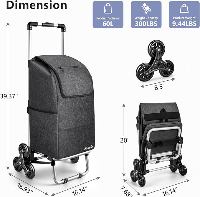 KEDSUM 2 in 1 Aluminum Alloy Stair Climbing Cart, 300LBS Grocery Cart on Wheels, Foldable Shopping Carts with Waterproof Oxford Black Bag for Groceries, Lightweight & Durable Aluminum Frame