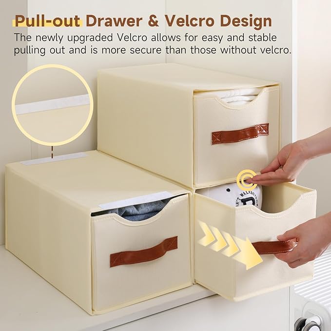 4 Pack Stackable Storage Drawers, Fabric Closet Organizers and Storage with Handles and Clear Window, Pull-Out Clothes Storage Bins with Drawer for Closet, Bedroom, Living Room, Under Bed, Beige