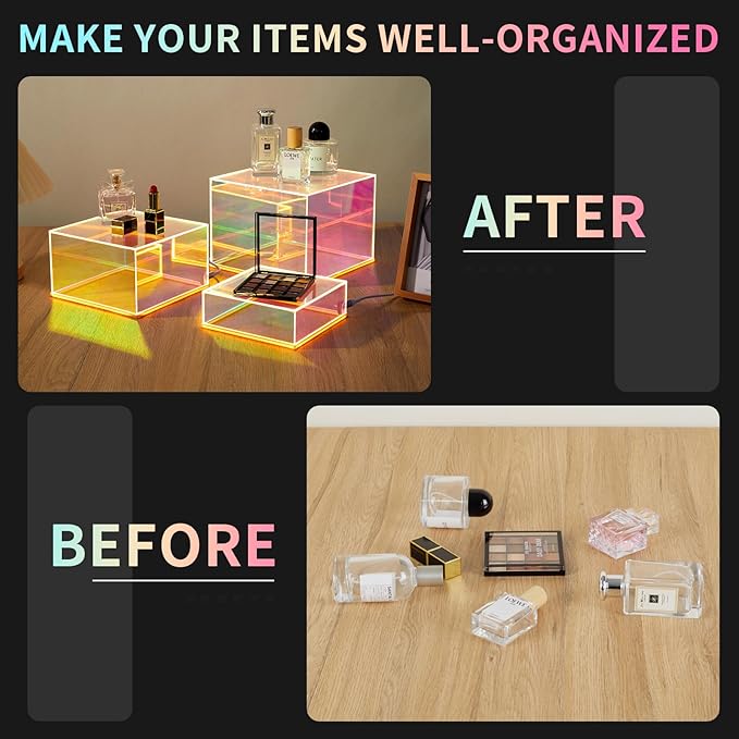 3Pcs Iridescent Acrylic Display Risers with LED light Plug and Play, Stackable Acrylic Cube Boxes Rainbow Display Stand with Hollow Bottom for Figures Jewelry Perfume Purse Food Buffet Riser