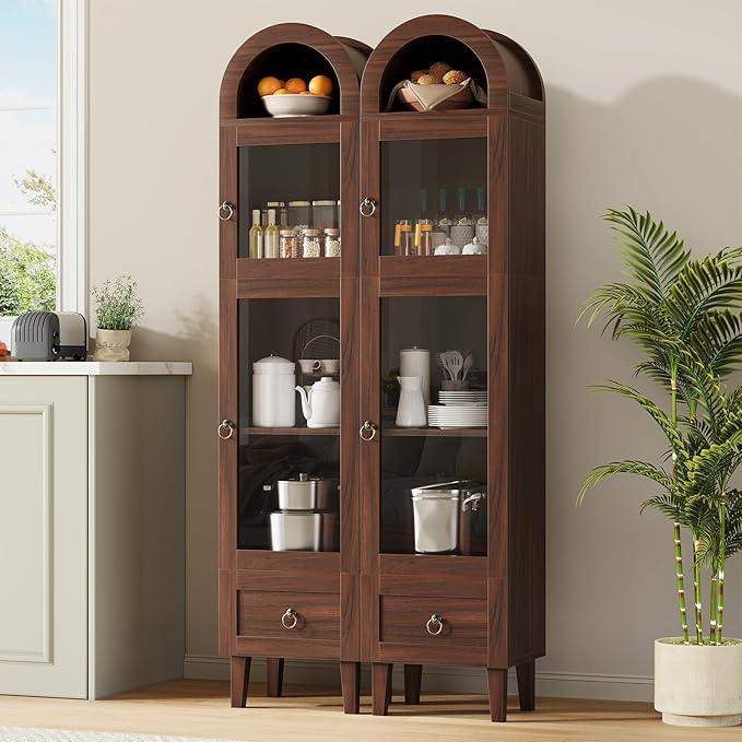71” Tall Arched Pantry Cabinet with Glass Door, Display Cabinet Organizer with Drawer, Versatile Pantry with Top-Opening Storage Container for Living, Kitchen Dining Room, Brown